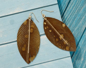 Eel skin earrings, Leather earrings, Statement earrings, Leather with bar earrings, Lightweight earring, Leaf and feather earrings Geometric