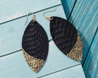 Faux snakeskin earrings with gold accent, Leather earrings, Statement earrings, Geometric earrings, Lightweight earring, Xl large earrings