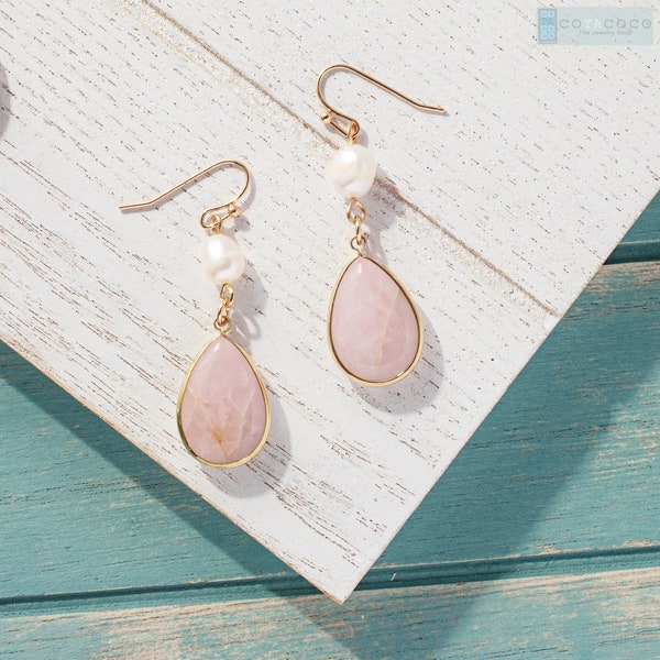 Rose quartz earrings, Freshwater pearl earrings, Teardrop earrings, Geometric earrings, Statement earrings, Bridesmaid gift, Bridal earrings