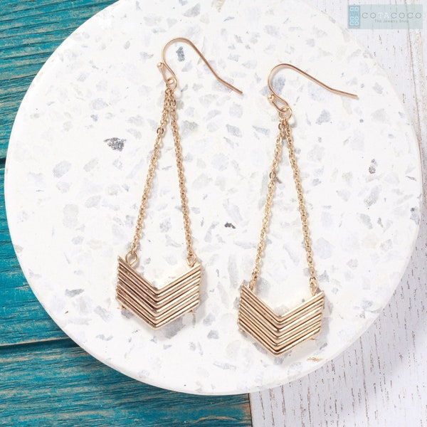 Gold Chevron earrings, Long dangle drop earrings, Statement earrings, Geometric earrings, Minimalist earrings, Gift under 20