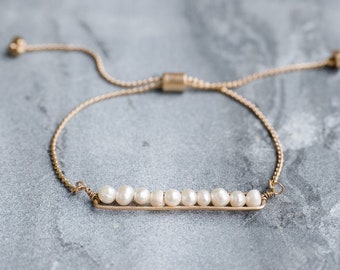 Freshwater Pearl Beaded Bracelet, Pull Tie bracelet, Pearl Bar Bracelet, Pearl line Bracelet, Slider Bracelet, Bridesmaid bracelet