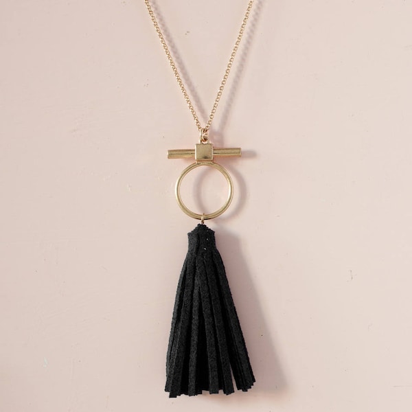 Black suede tassel necklace, Long leather necklace, Minimalist necklace, Bohemian Tassel necklace, Long tassel pendant necklace, Geometric