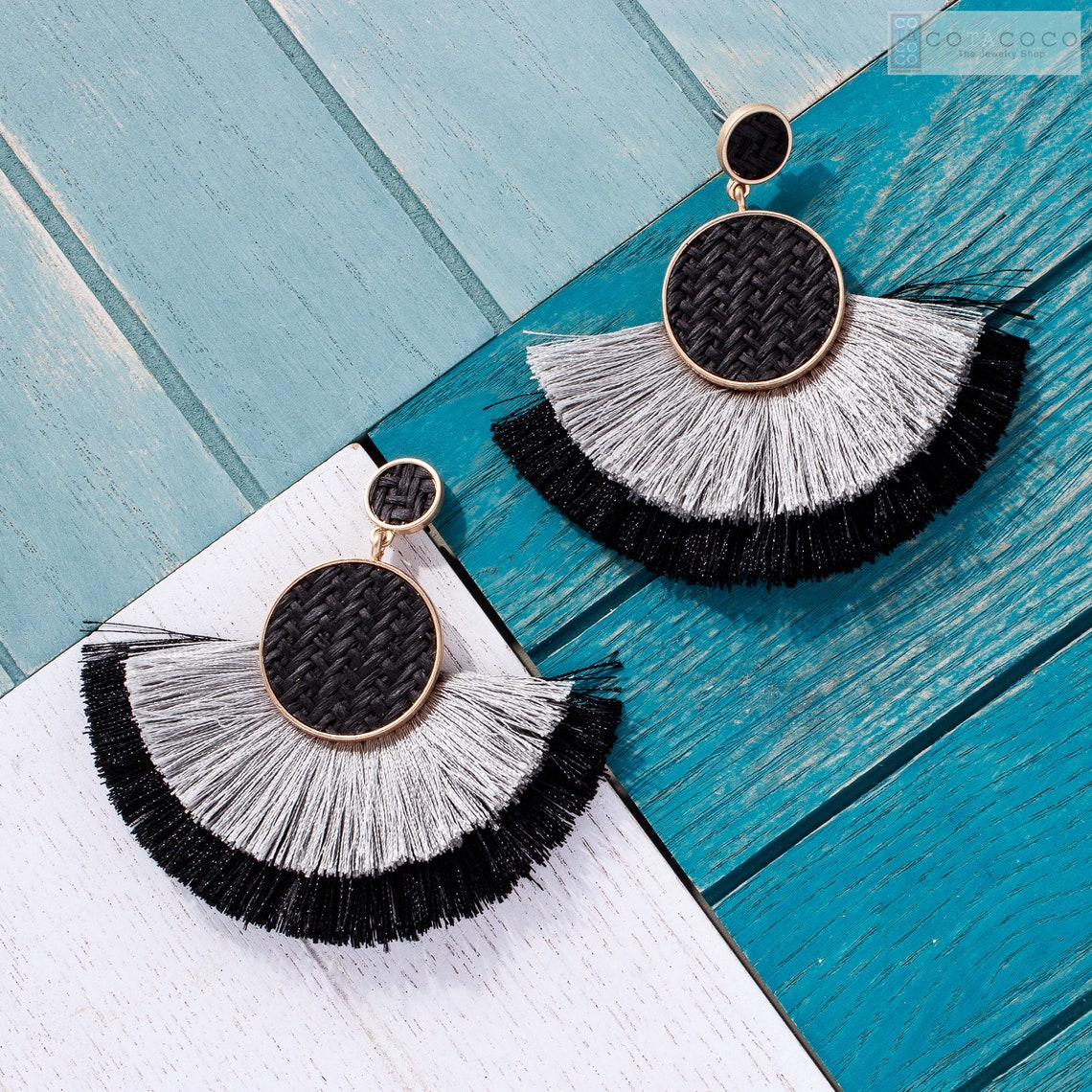 Woven Straw tassel earrings Layered tassel earrings Etsy