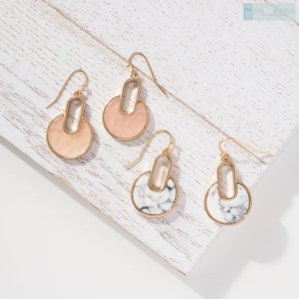 Rose quartz Earrings, White marble earrings, Hoop earrings, Geometric earring, Minimalist earrings, Dainty earrings, Bridesmaid earrings