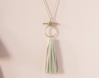 Beige suede tassel necklace, Long leather necklace, Minimalist necklace, Bohemian Tassel necklace, Long tassel necklace, Geometric necklace