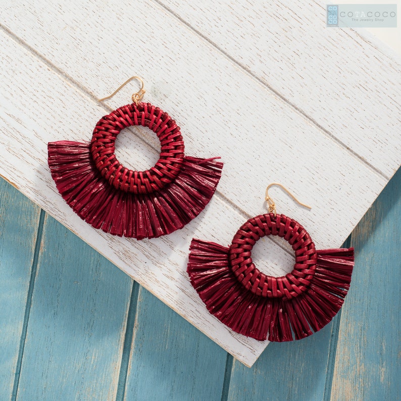 Colored Rattan earrings, Statement earrings, Geometric earrings, Fan tassel earrings, Woven rattan Earrings, Raffia tassel Hoop earrings Burgundy