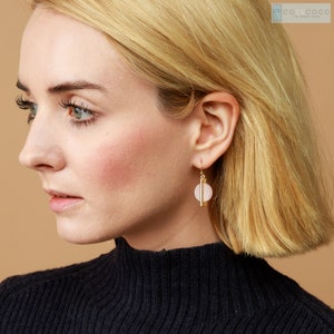 Rose quartz earrings, Minimalist earrings, Geometric Circle earrings, Dainty earrings, Bridesmaid gift, Rose quartz with bar accent earring image 5