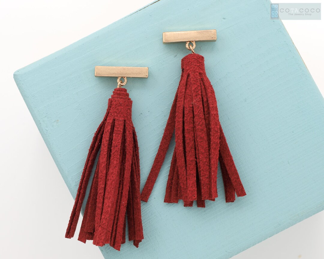 Suede Tassel Stud Earrings, Burgundy Leather Earring, Leather Tassel ...