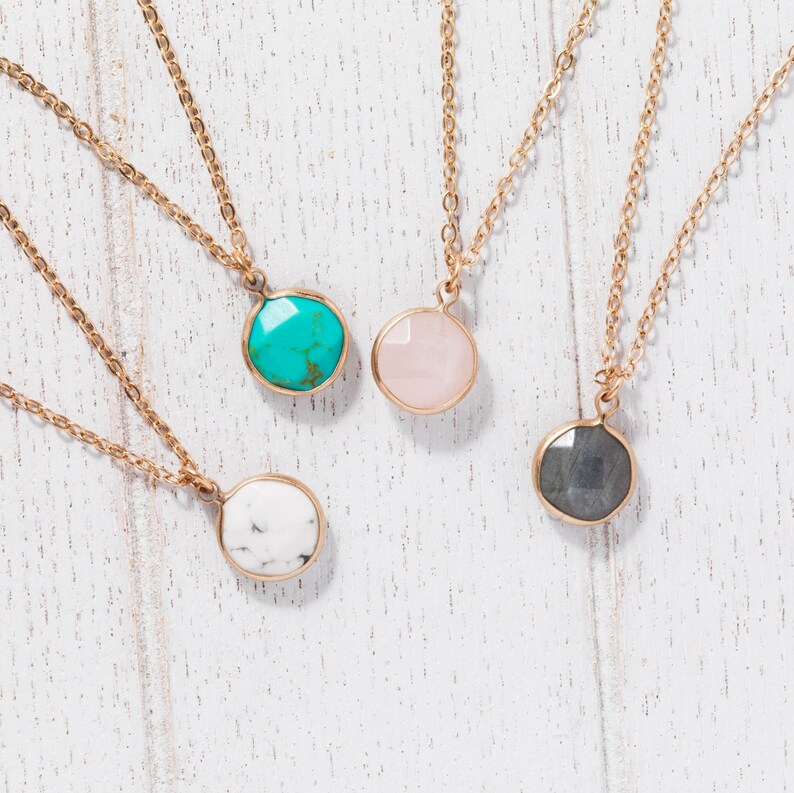 Rose quartz Necklace, Round gemstone pendant necklace, Turquoise necklace, Minimalist necklace, Birthday gifts, Bridesmaid gift image 1