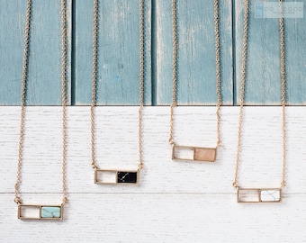 Turquoise ketting, Howlite ketting, Edelsteen Halve bar hanger ketting, Geometrische rechthoek ketting, Sierlijke ketting, Minimalistische ketting