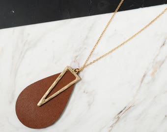 Brown Leather necklace, Leather long necklace, Big teardrop necklace, Geometric pendant necklace, Dainty necklace,Simple Statement necklace