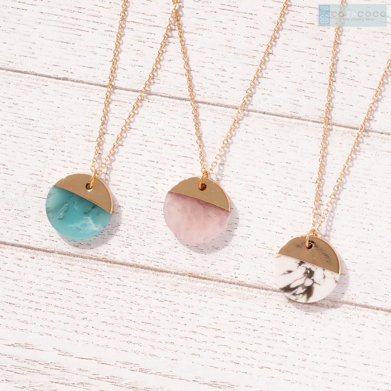 Rose quartz Necklace, Amazonite necklace, Gemstone necklace, circle disc necklace, Half moon necklace, Bridesmaid gift, Dainty necklace gift image 1