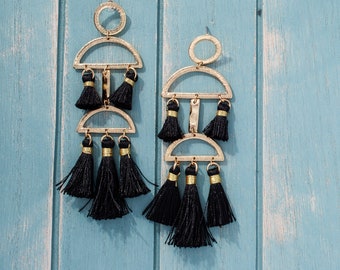 Black tassel earrings, Statement earrings, Geometric dangle earring, Fringe earrings, Multi tassel earring, Dainty earrings, Mobile earrings