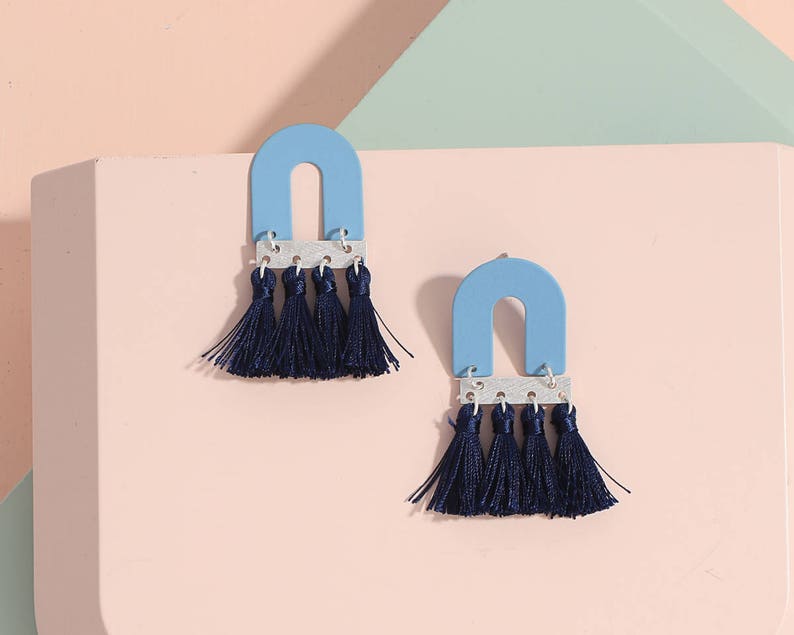 Blue Arch tassel earrings, Geometric earrings, Fringe earrings, Statement earrings, Mix tone earrings, Spring summer earrings image 1