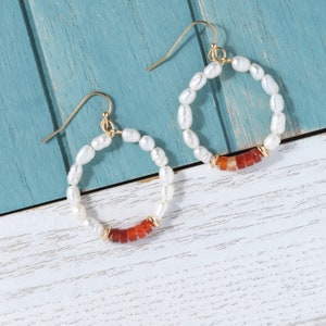 Freshwater Pearls Hoops Earrings with Natural stone bead accent, Statement earrings, Bridesmaid earrings, Minimalist earring, Unique gifts Red stone