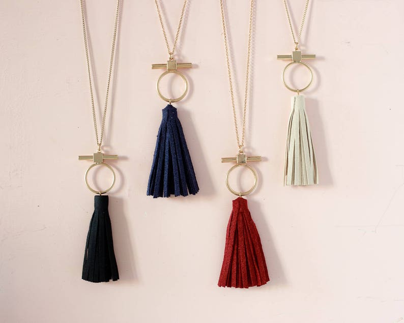 Red suede tassel necklace, Burgundy Long leather necklace, Minimalist necklace, Statement Tassel necklace, Long tassel necklace, Geometric image 2