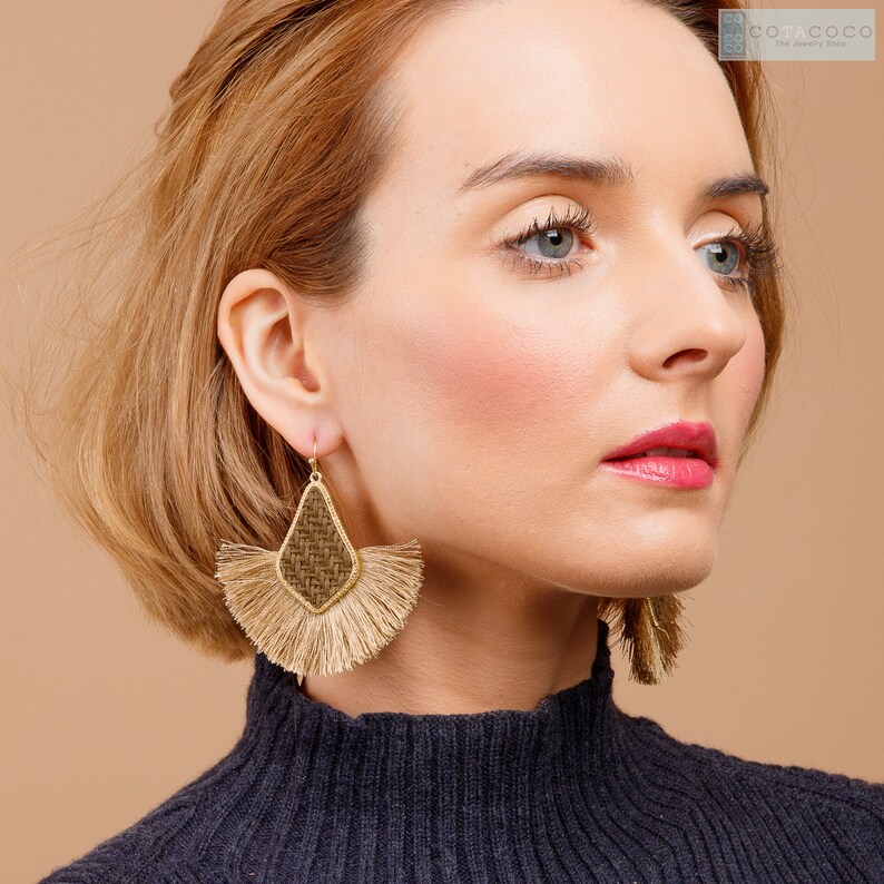 Woven Straw Tassel Earrings Statement Earrings Geometric Etsy