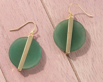 Green agate earrings, Rose quartz earrings, Turquoise earrings, Statement earrings, Gemstone disc earrings with gold bar, Unique gifts