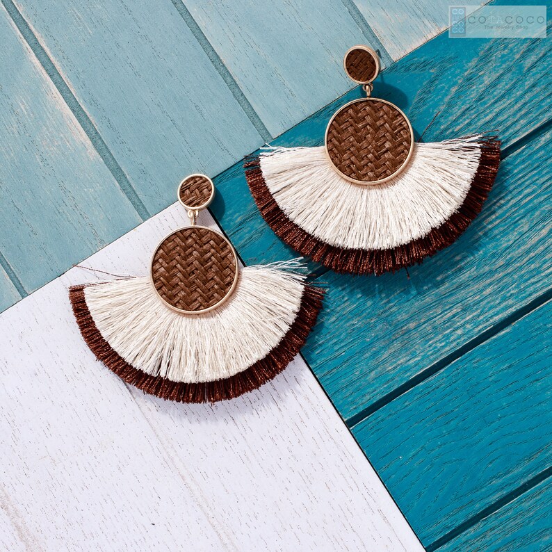 Woven Straw tassel earrings Layered tassel earrings Etsy