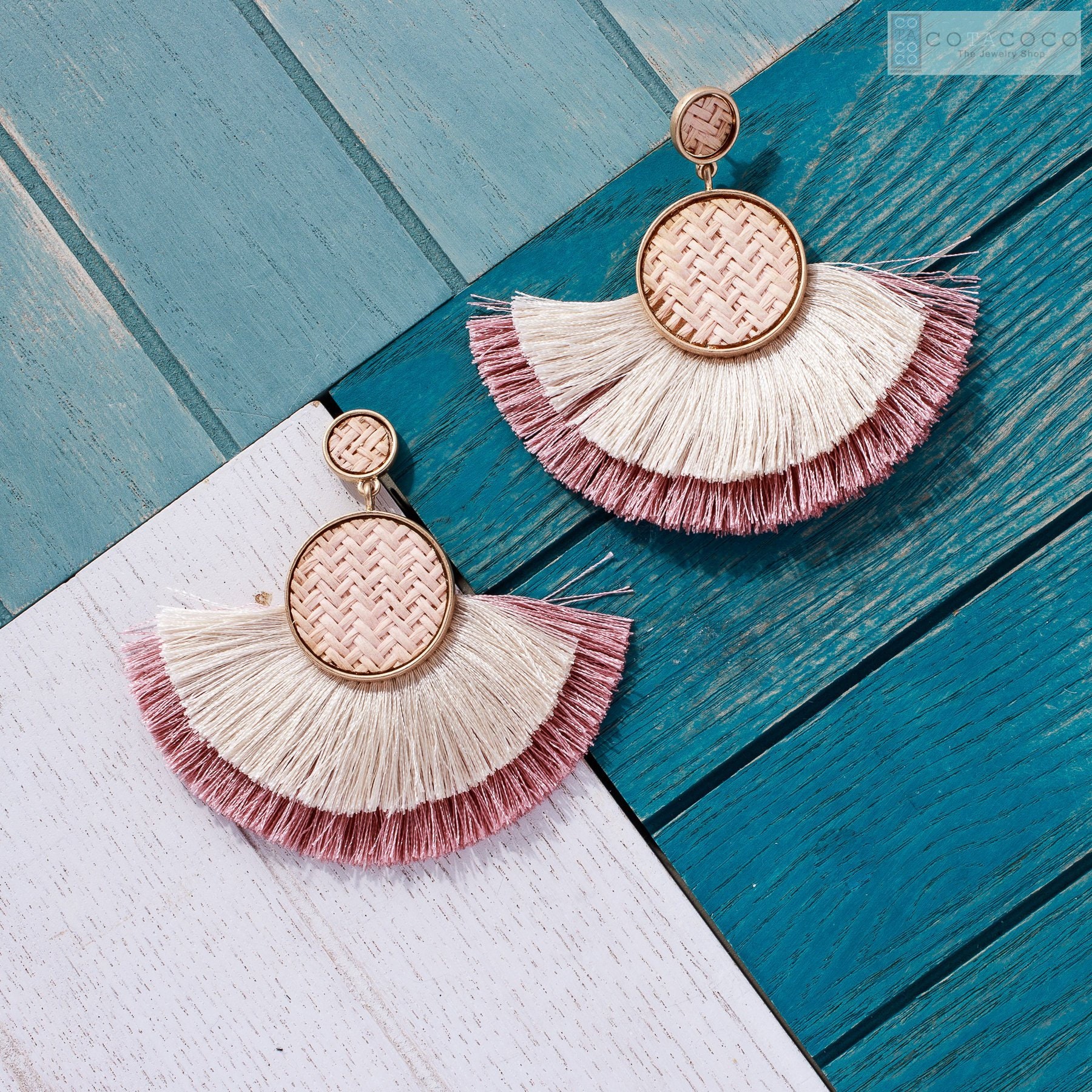 Woven Straw tassel earrings Layered tassel earrings Etsy