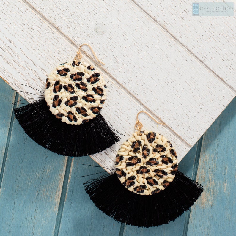 Leopard tassel earrings Woven Straw tassel earrings Etsy