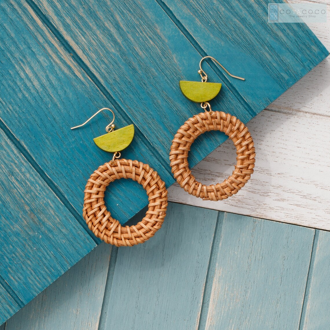 Woven straw hoop earrings with color wood accent Statement Etsy