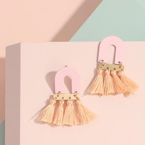 Pink tassel earrings, Arch earrings, Statement earrings, Minimalist earring, Fringe earrings, Spring summer earring, Birthday gift image 2