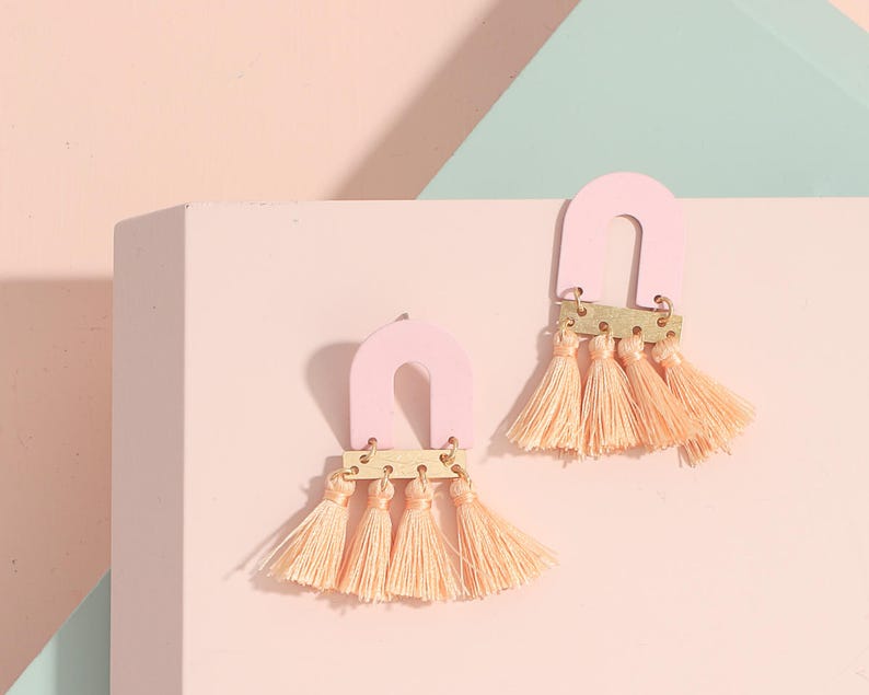 Pink tassel earrings, Arch earrings, Statement earrings, Minimalist earring, Fringe earrings, Spring summer earring, Birthday gift image 2
