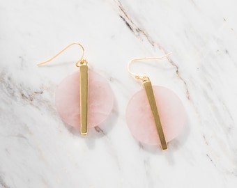 Rose quartz earrings, Statement earrings, Geometric Circle earrings, Dainty earrings, Bridesmaid gift, Rose quartz with bar accent earring