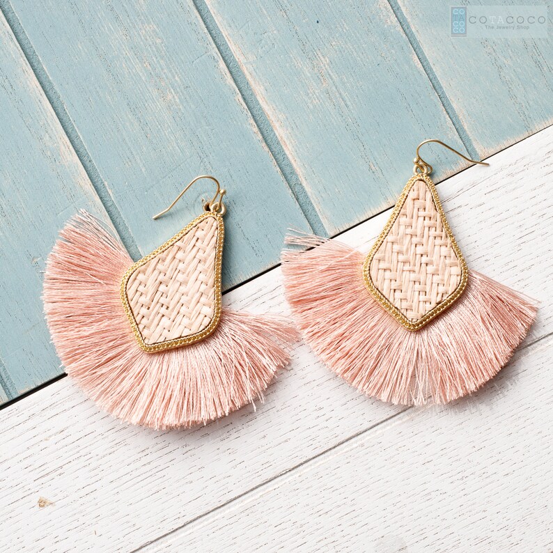 Woven Straw Tassel Earrings Statement Earrings Geometric Etsy