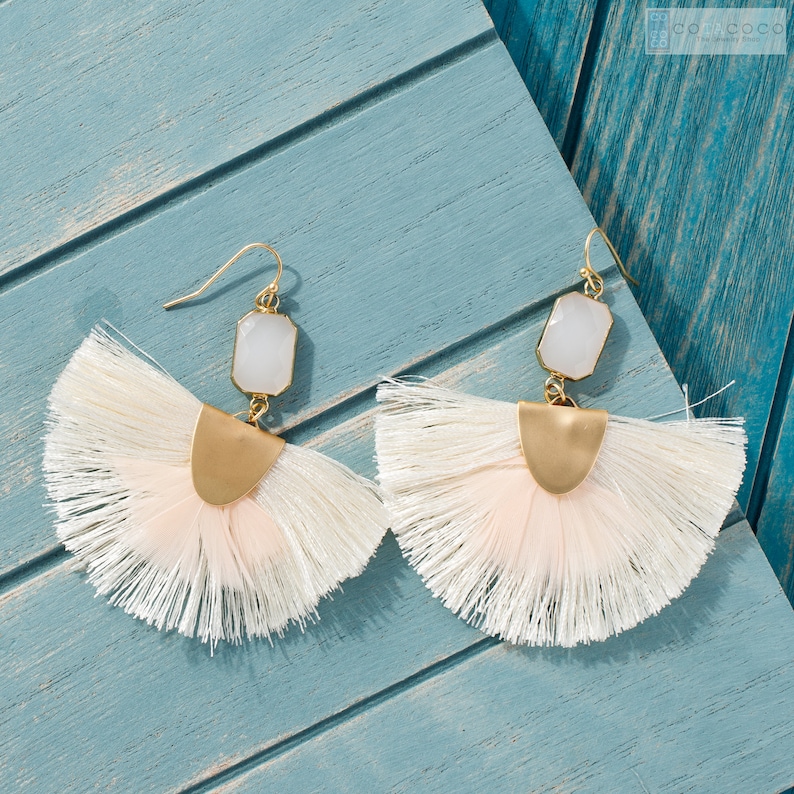 XL large earrings Semicircle earrings Fan Tassel earrings with peacock feather accent Statement earrings Unique gifts Fringe earrings