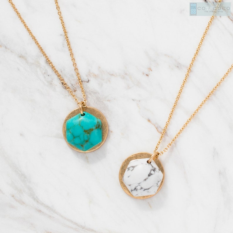 White Marble Necklace Turquoise Necklace Hexagon With Coin Etsy