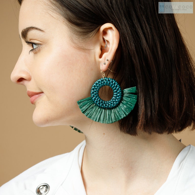 Colored Rattan earrings, Statement earrings, Geometric earrings, Fan tassel earrings, Woven rattan Earrings, Raffia tassel Hoop earrings image 1