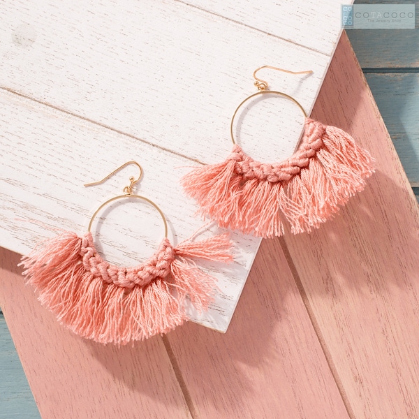 Macrame fan tassel earrings, Statement earrings, Fan tassel earrings, XL large earrings, Hoop earrings, Bridesmaid gifts, Unique gifts