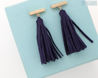 Suede tassel stud earrings, Navy blue Leather earring, Leather tassel earring, Statement earrings, Geometric earrings, light weight earrings