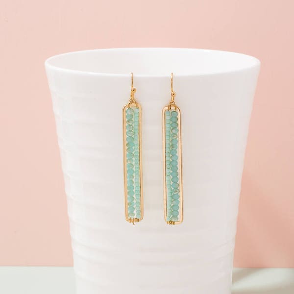 Mint Beaded bar oorbellen, Verticale bar kralen bungelen oorbellen, Double Line Seed Beads Bar Oorbellen, Smalle bar bungelen oorbel, bruidsmeisjes