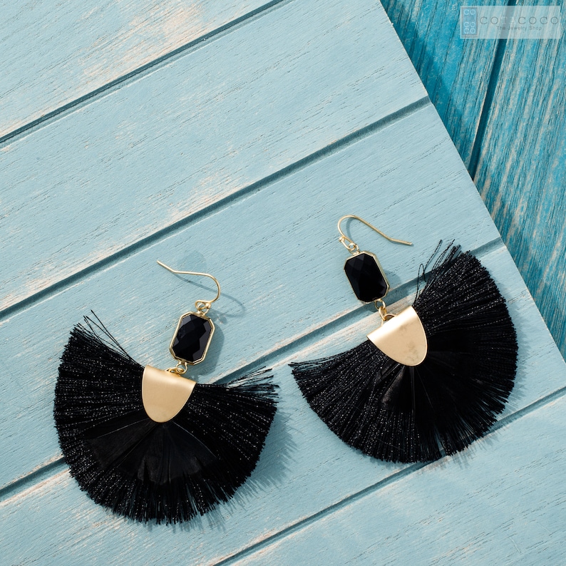 XL large earrings Semicircle earrings Fan Tassel earrings with peacock feather accent Statement earrings Unique gifts Fringe earrings