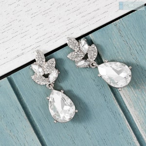 Silver crystal earrings, Bridesmaid Earrings, Leaf and teardrop earrings, Statement earring, Bridal earrings, Geometric earrings, Wedding image 3