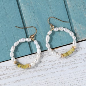 Freshwater Pearls Hoops Earrings with Natural stone bead accent, Statement earrings, Bridesmaid earrings, Minimalist earring, Unique gifts Yellow stone