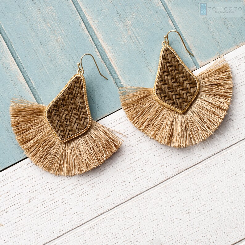 Woven Straw Tassel Earrings Statement Earrings Geometric Etsy