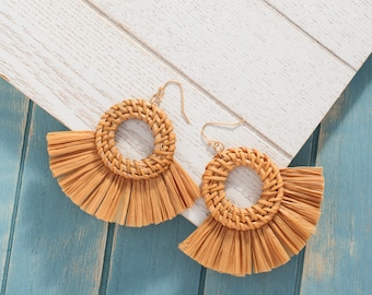 Colored Straw Raffia tassel earrings, Statement earrings, Geometric earrings, Fan tassel earrings, Woven rattan Earrings, Hoop earrings