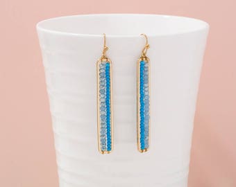 Blue Beaded bar earrings, Dainty earrings, Minimalist earrings, Double Line Seed Beads Bar Earring, Geometric earrings, Bar retangle earring