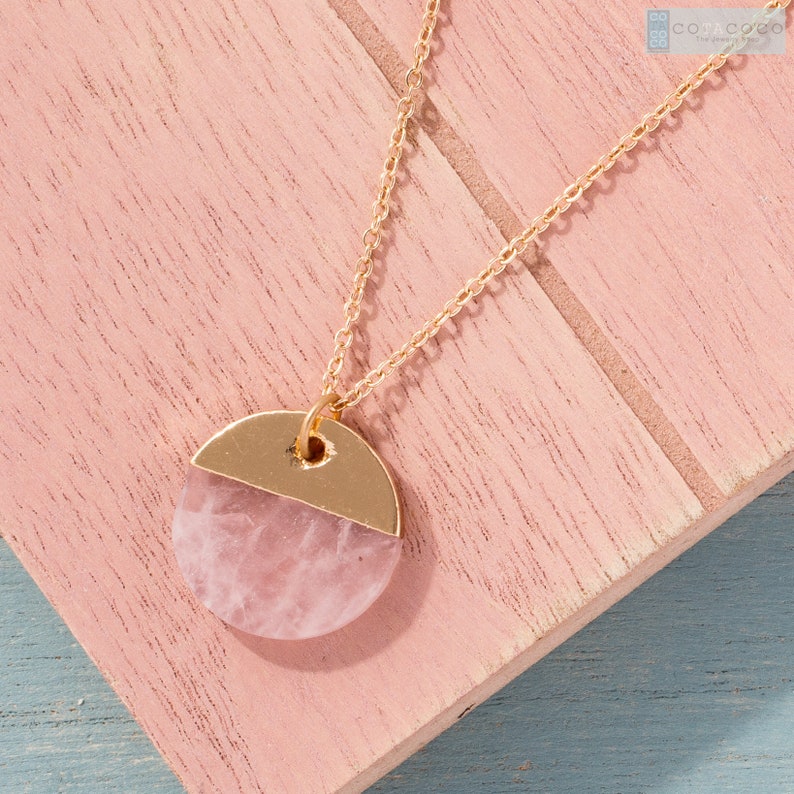 Rose quartz Necklace, Amazonite necklace, Gemstone necklace, circle disc necklace, Half moon necklace, Bridesmaid gift, Dainty necklace gift image 5