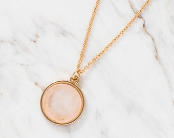 Rose quartz Necklace, Natural stone pendant necklace, Dainty necklace, Circle Geometric necklace, Disc pendant necklace, Bridesmaid necklace