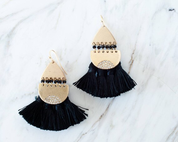 Black Tassel Earrings Statement Dangle Earrings Fringe Earrings
