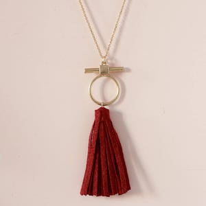 Red suede tassel necklace, Burgundy Long leather necklace, Minimalist necklace, Statement Tassel necklace, Long tassel necklace, Geometric image 1