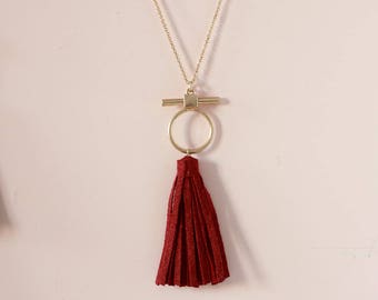 Red suede tassel necklace, Burgundy Long leather necklace, Minimalist necklace, Statement Tassel necklace, Long tassel necklace, Geometric