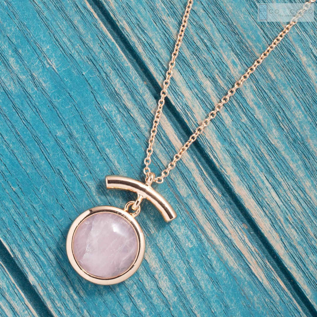 Rose Quartz Necklace, Rose Quartz Circle Necklace With Curve Bar