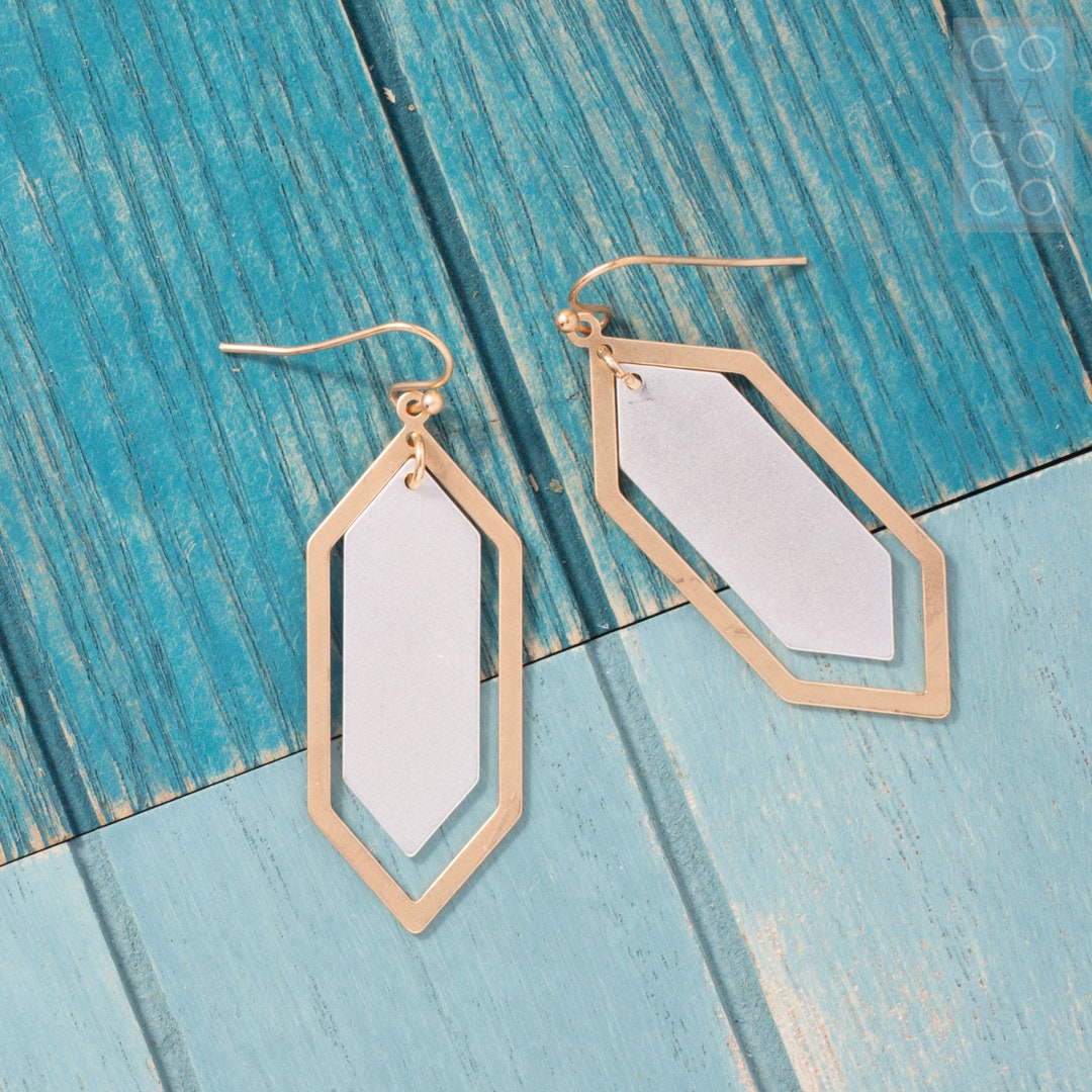 Large Hexagon Shaped Earrings Two Tone Statement Earrings Etsy