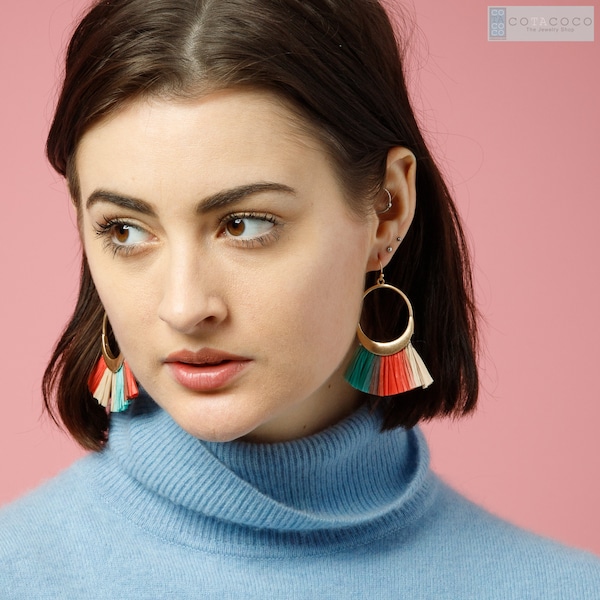 Raffia tassel earrings, Multi color fan tassel earrings, Statement earrings, XL Large earrings, festival earrings, Spring earrings,